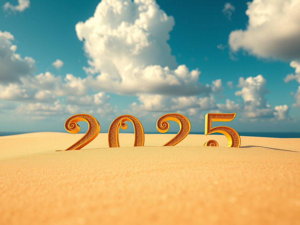 Golden Word Emerges from Serene Beach in Azure Sky