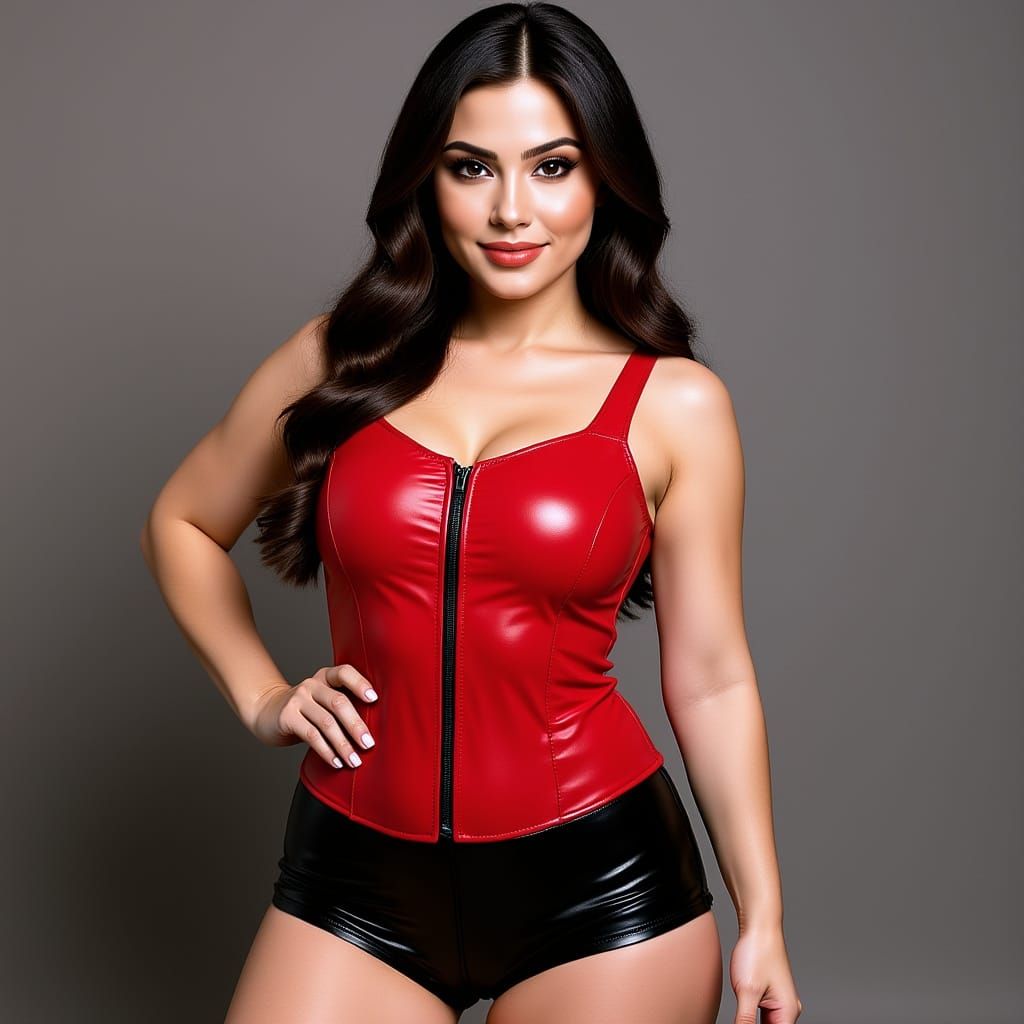 Voluptuous Model in Red and Black Lingerie