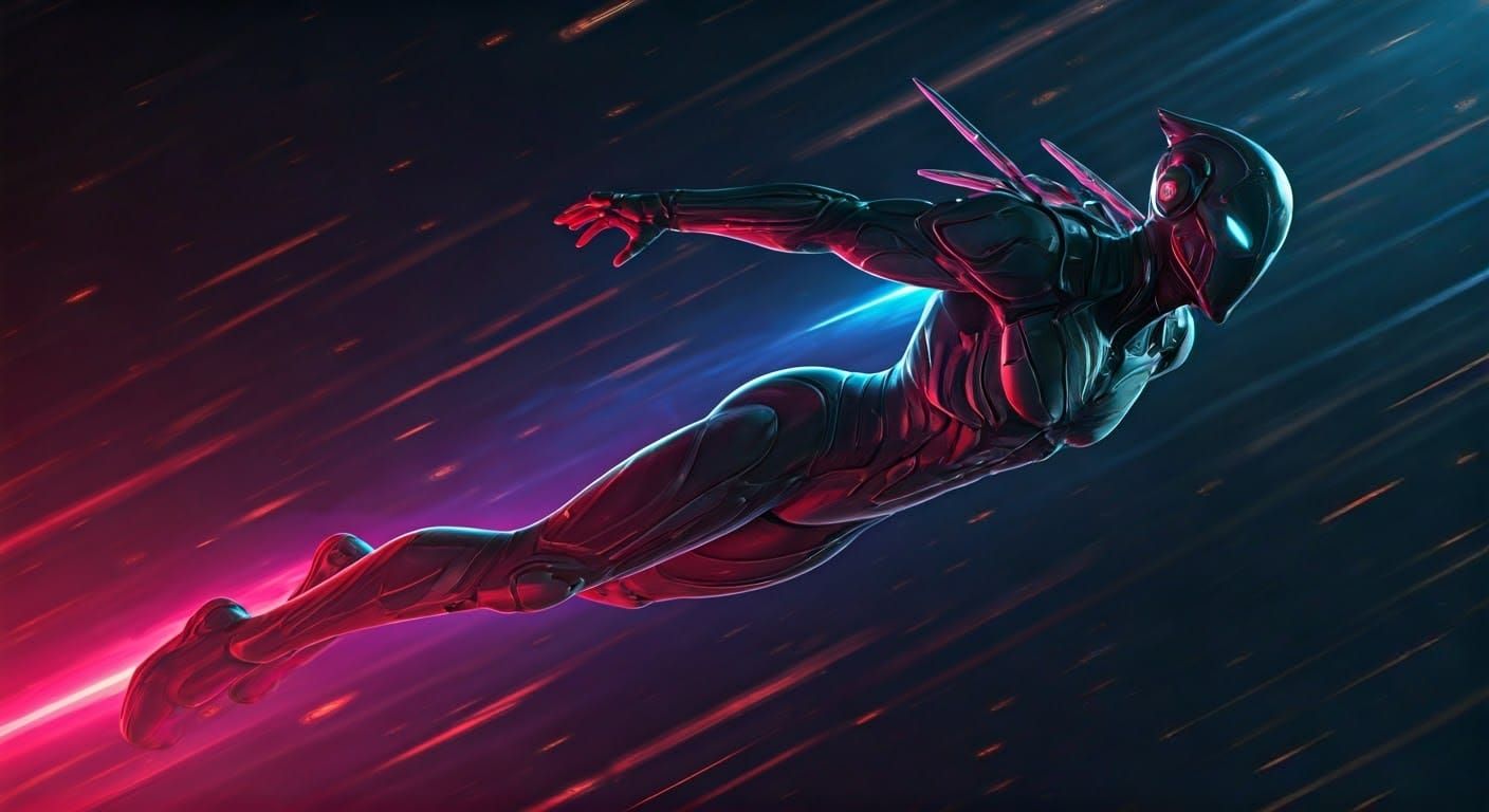 Heroic Figure Soars Through Futuristic Landscape in Vibrant,...