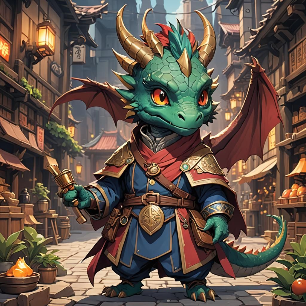 Vibrant Anime-Inspired Dragon Merchant in Flat, Cel-Shaded S...