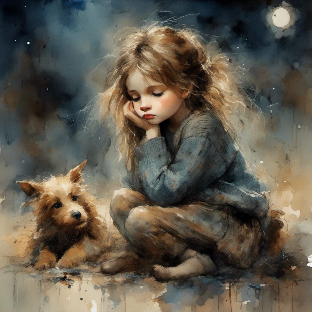 Girl and Puppy Under Soft Moonlight in Impressionist Oil Pai...