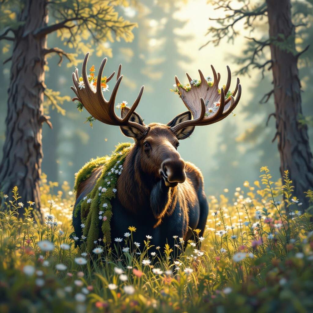 Moose in Sunlit Forest Clearing with Wildflowers