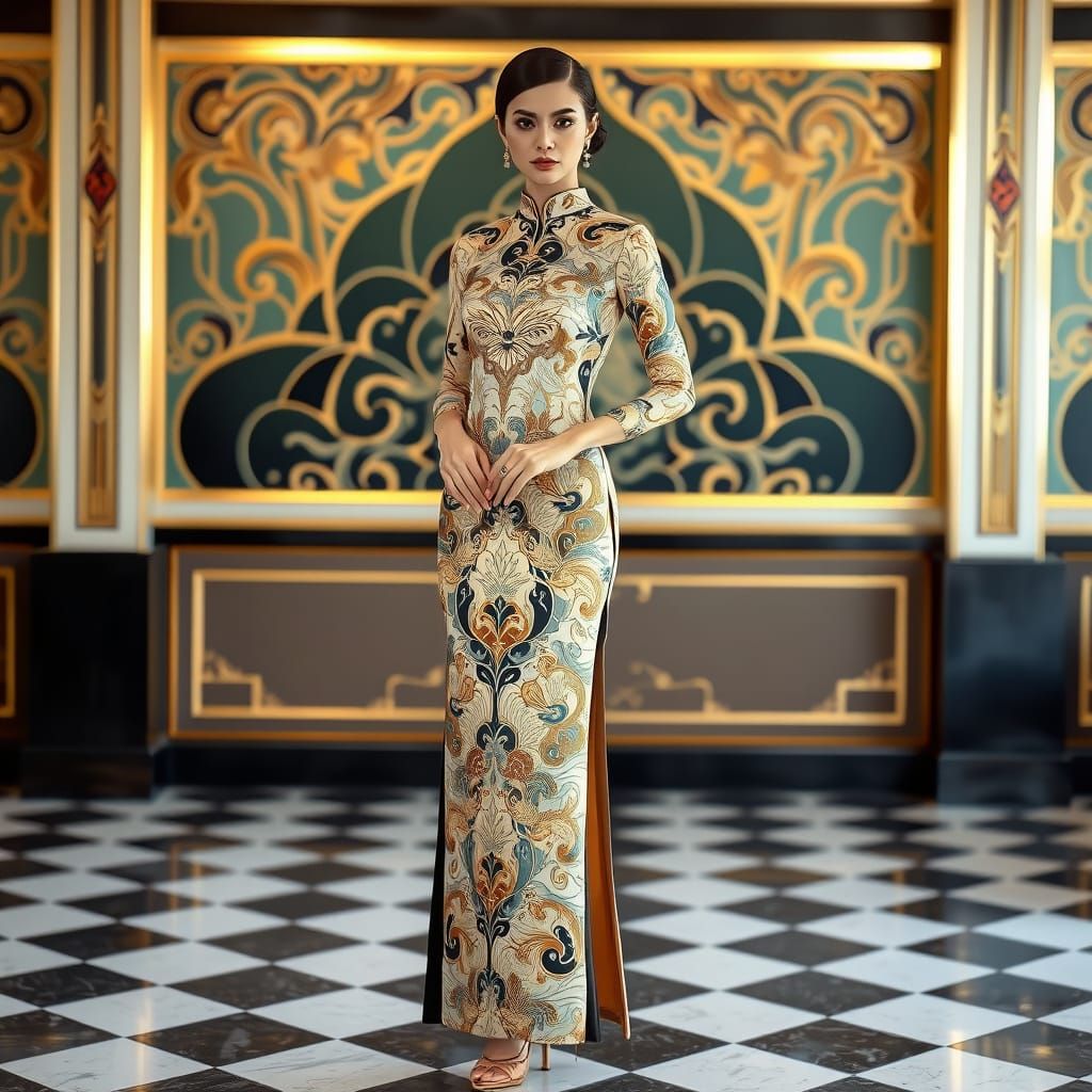 qipao Style dress with an art deco style pattern