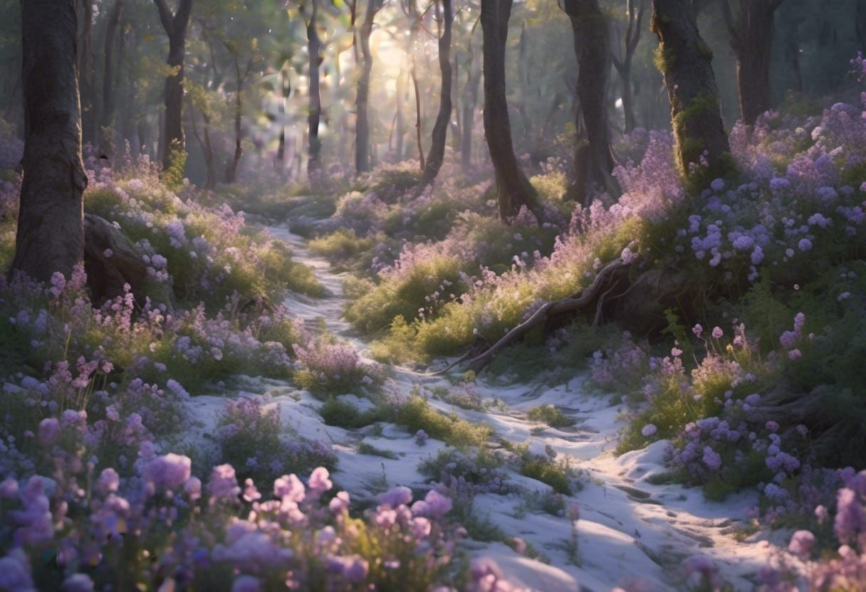 Hyperrealistic Mauve Bloom in Spring Woodland