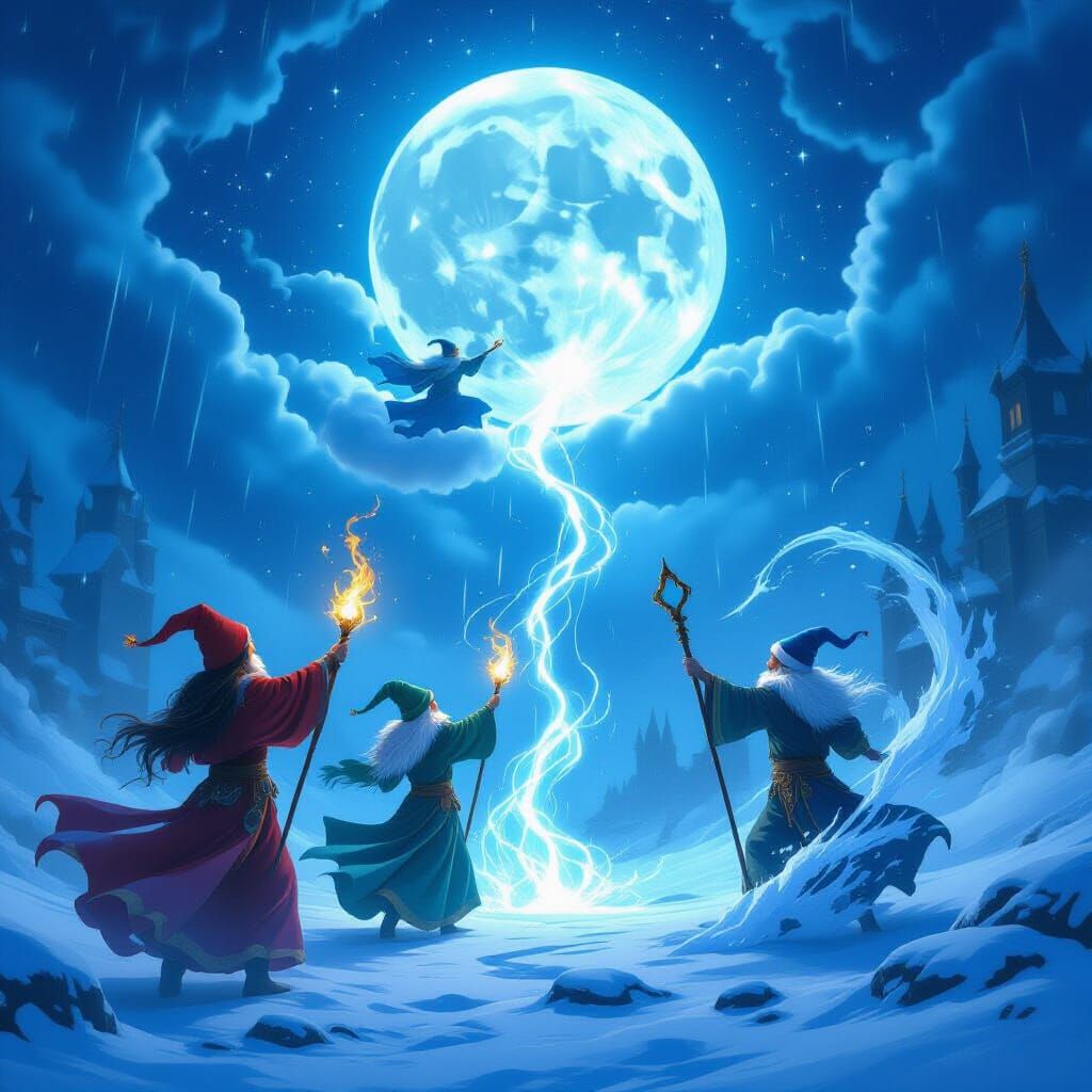 Four Elf Mages Conjuring Elemental Magic