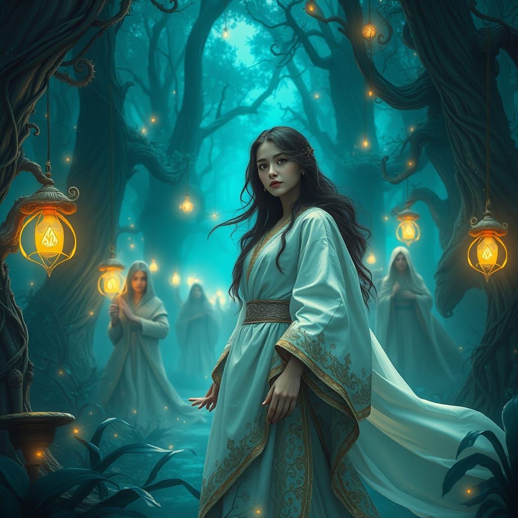 Mystical Forest Gathering in Vibrant Teal and Gold