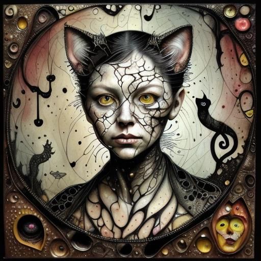 Whimsical Cat Portrait in Mixed Media