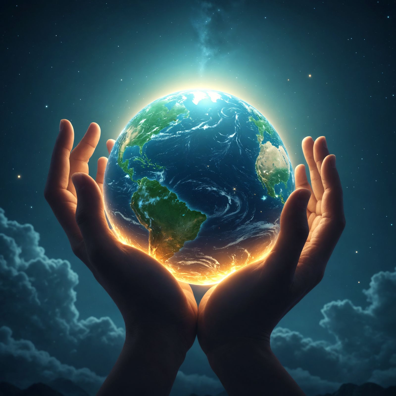 Fantastical Earth in Giant's Hand, Illuminated Nighttime Sce...