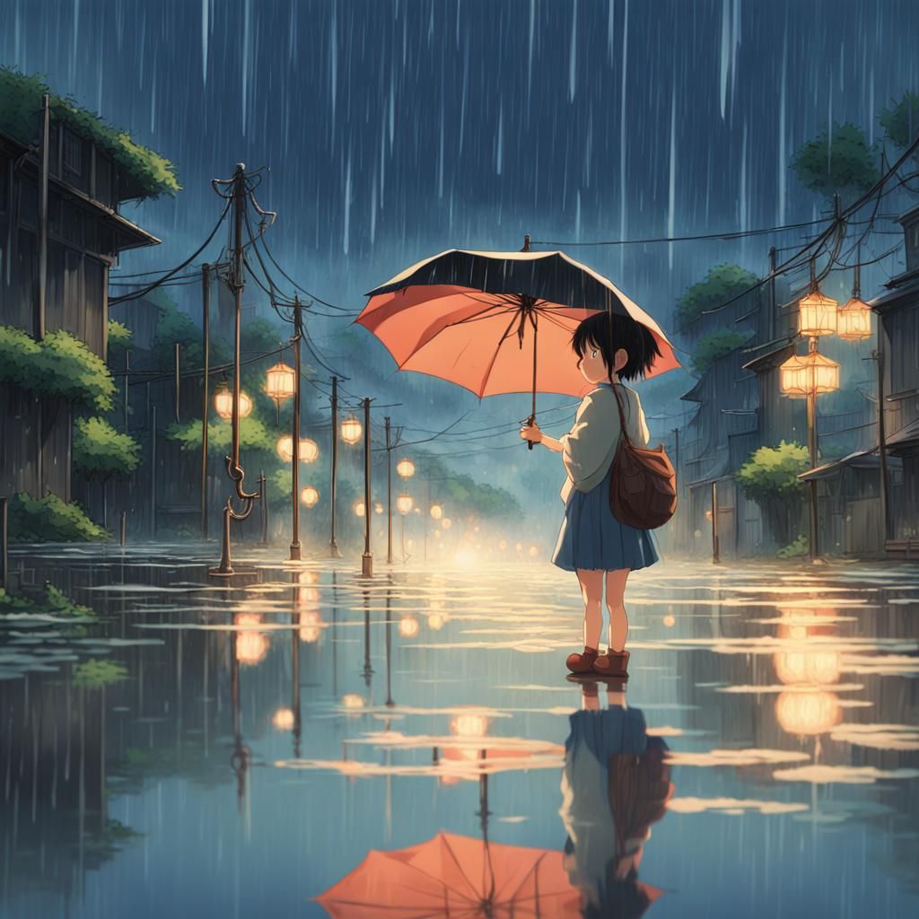 Girl Under Rain Umbrella Reflected in Water, Anime Art