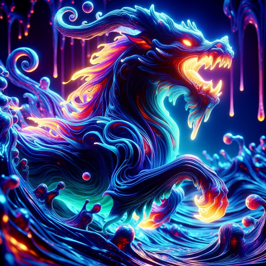 Glowing Bioluminescent Medieval Beast in Dark Liquid Backgro...