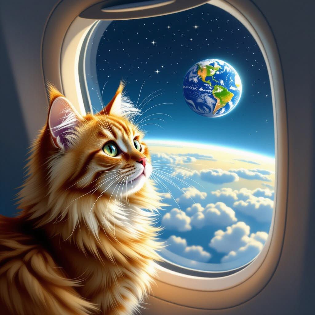 Fluffy Cat Flies Around Earth in Storybook Style