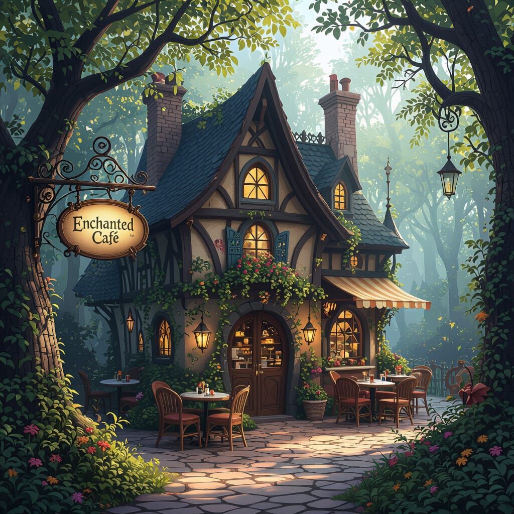 Whimsical Fairytale Forest Cafe in Matte Painting Style