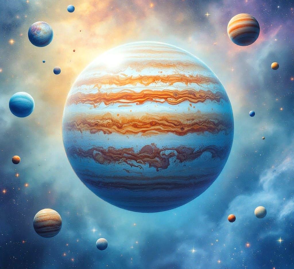 Ethereal Watercolour Jupiter and Moons in Space
