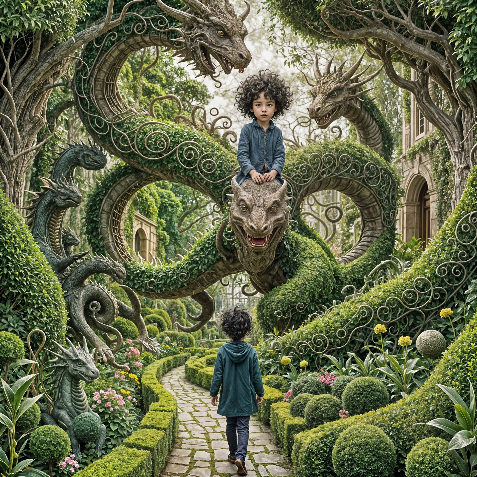 Surreal Journey Through a Whimsical Garden Maze with Friendl...