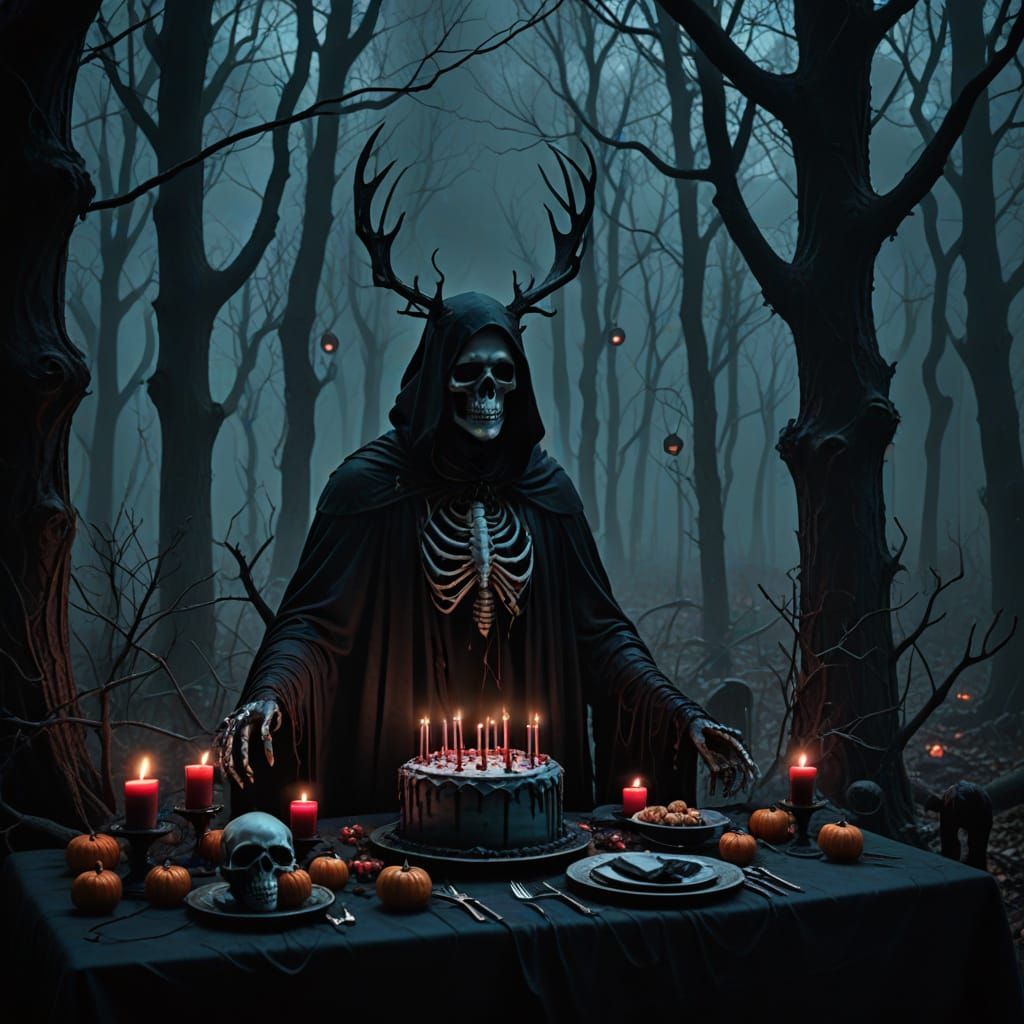 Ghostly Birthday Party in Foggy Gothic Forest