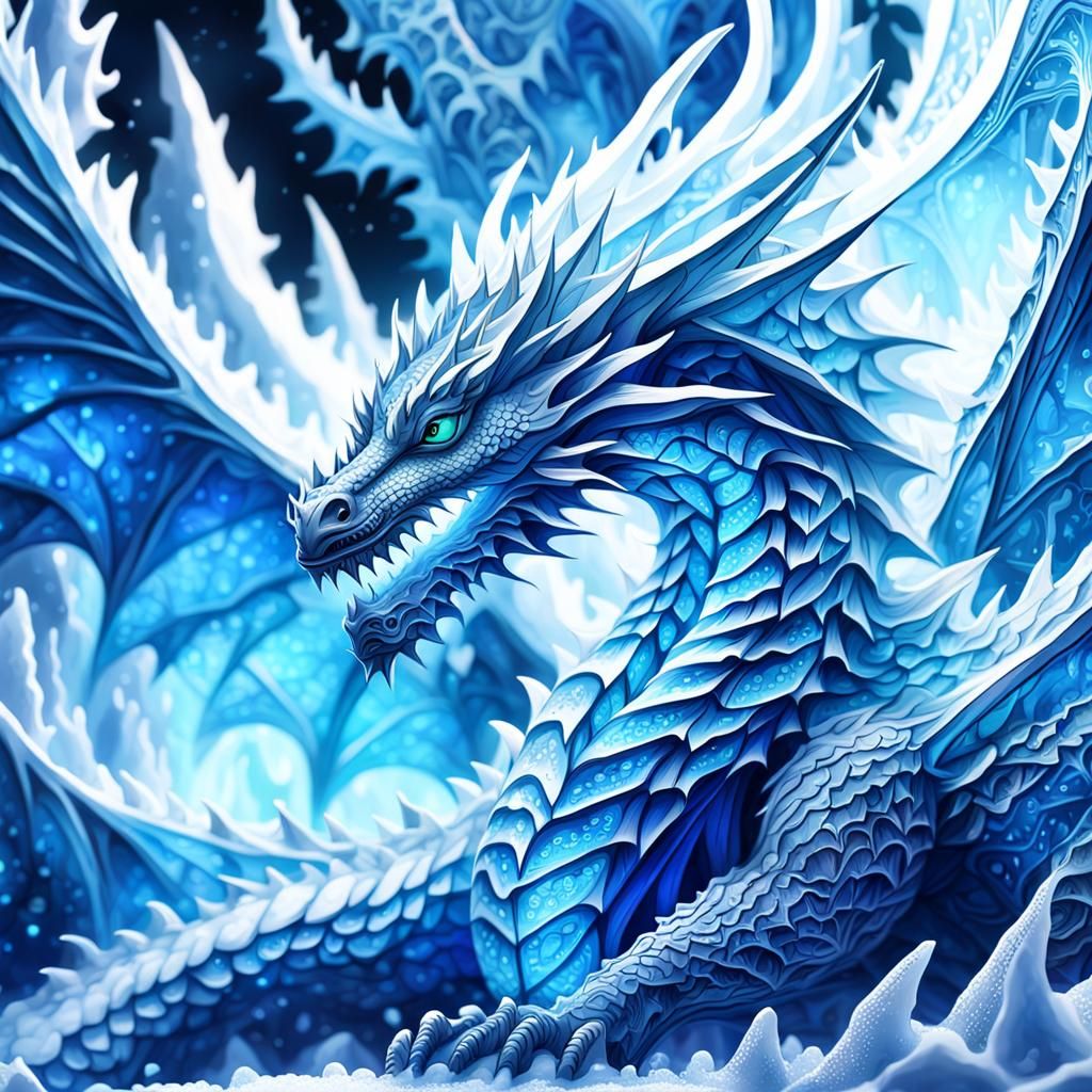 Vibrant Ice Dragon Coils in Frozen Cave