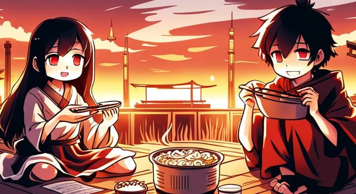Couple Enjoying Ramen: Anime Key Visual Style
