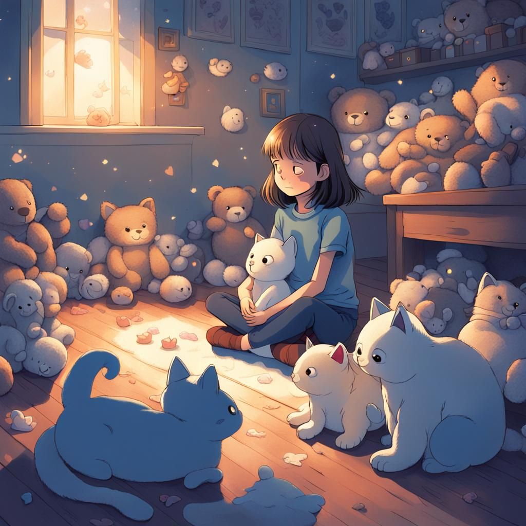 Comfort in Shadows: Girl, Toys, and Ghostly Cat