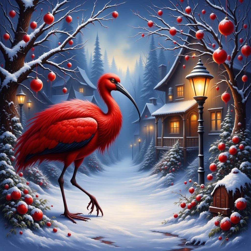 Crimson Ibis in Snowy Enchanted Village