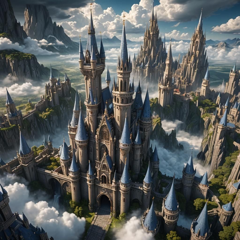 Ethereal Silver Kingdom Soars Amidst Heavenly Clouds
