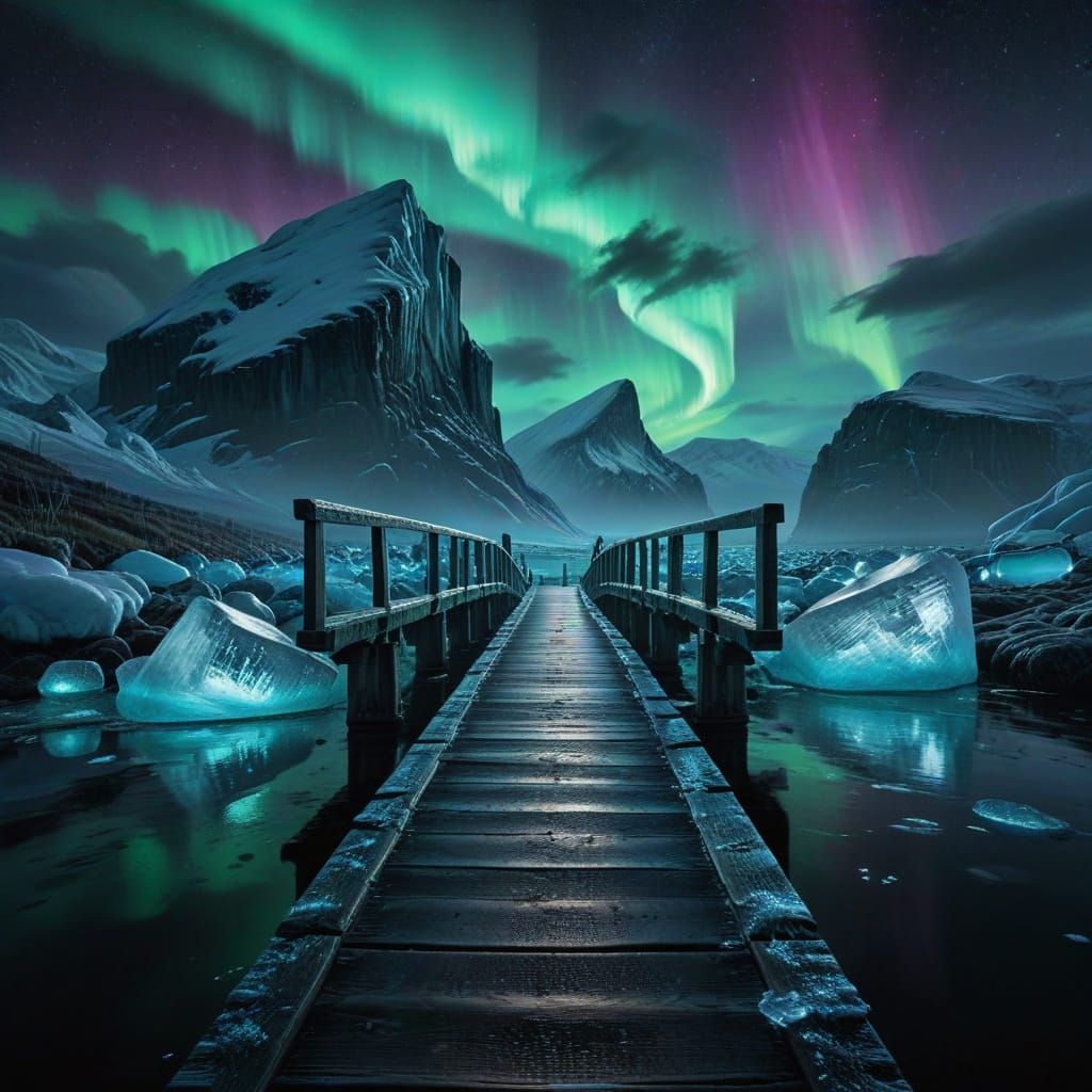 Ethereal Winter Wonderland Bridge Amidst Aurora Borealis