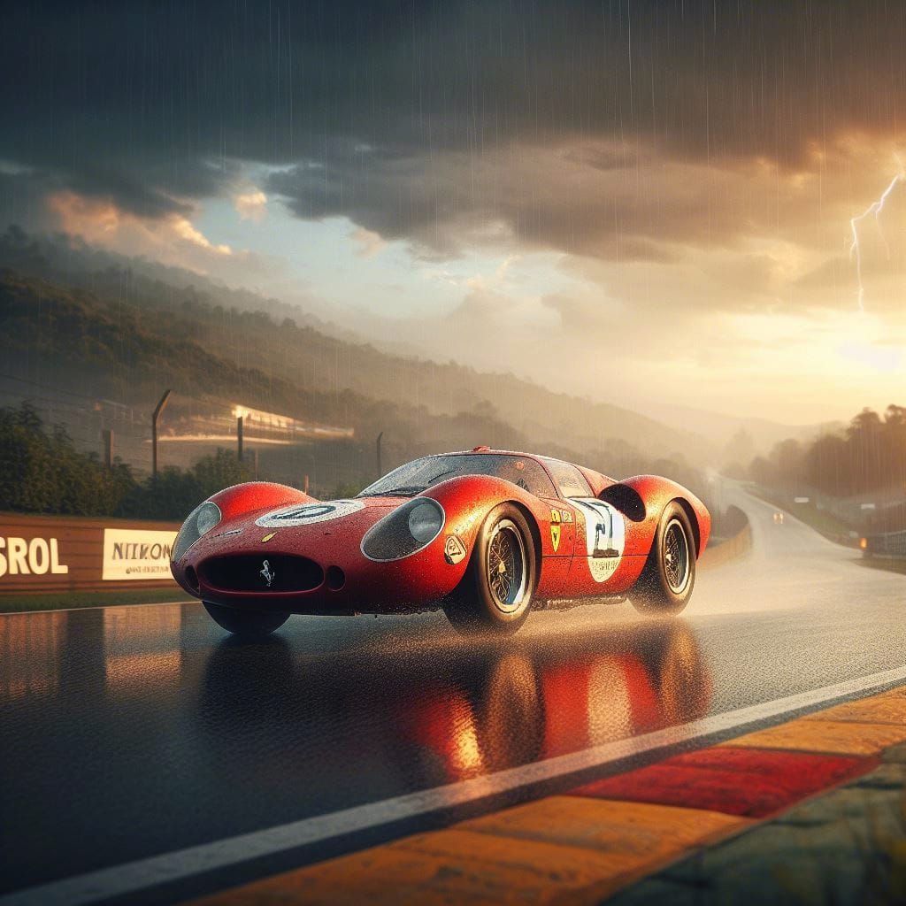 Ferrari testarossa 1957 racing under rain, WLOP, tom bagshaw...