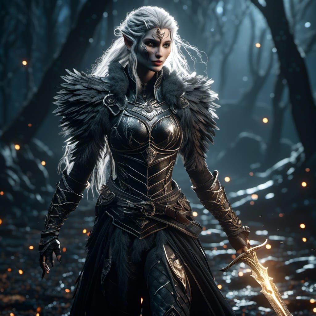 Ethereal Gothic Elf Warrior in Dark Fantasy Armor