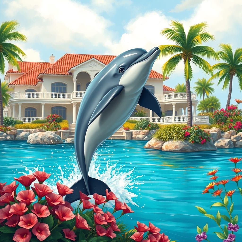 Whimsical Dolphin Leaps Before Grand Beachfront Mansion