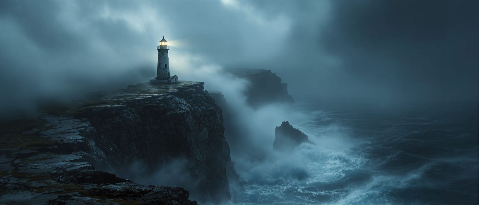 Moody Lighthouse in Ethereal Fog Over Stormy Sea