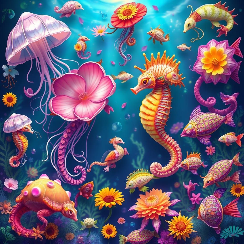 Iridescent Flora-Fauna Mutants in Whimsical Ensemble