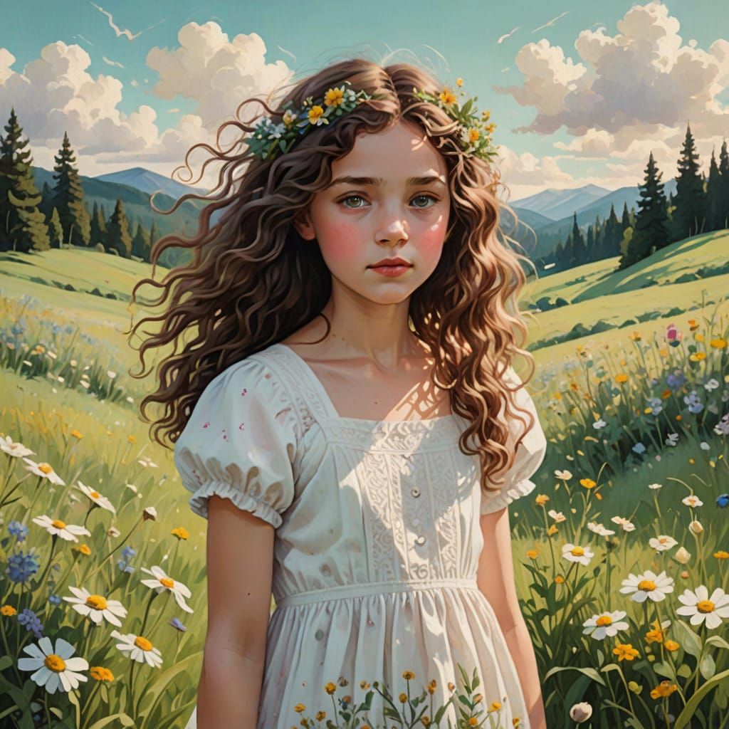Whimsical Meadow Girl in Floral Sundress