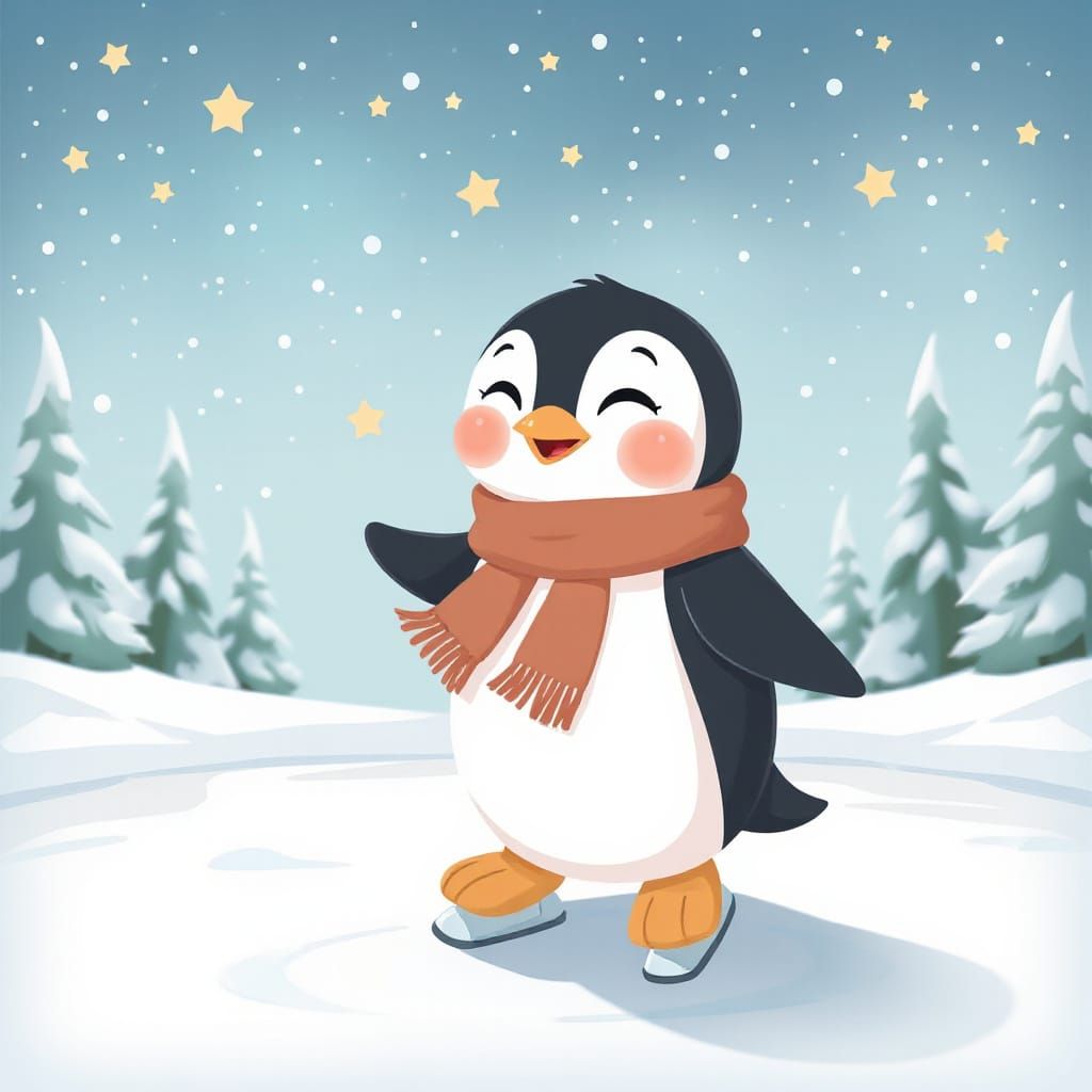 Cute Penguin Ice Skating in Winter Wonderland