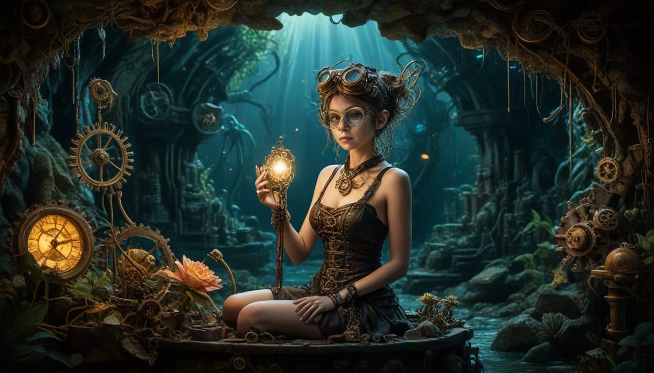 Steampunk Pixie Tinkers in Bioluminescent Grotto as Watercol...