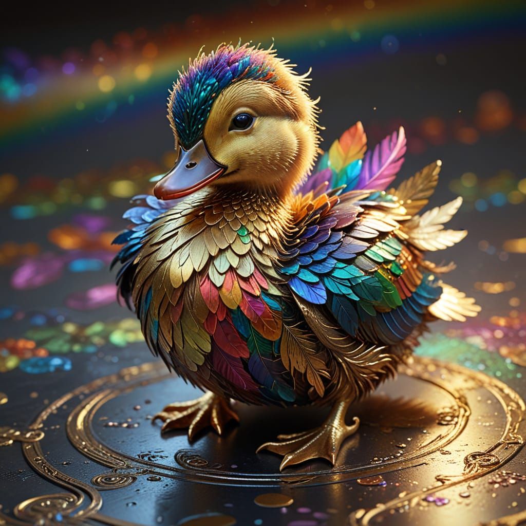 Playful Duckling with Rainbow Feathers in Art Nouveau Style