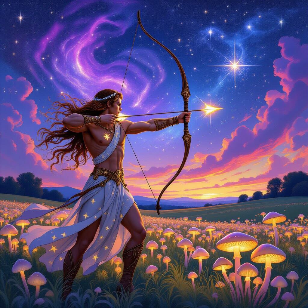 Centaur Archer in Bioluminescent Field, Art Nouveau Style