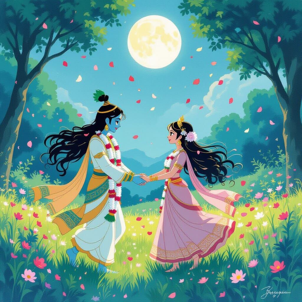 Krishna and Radha Dance in Ghibli Forest