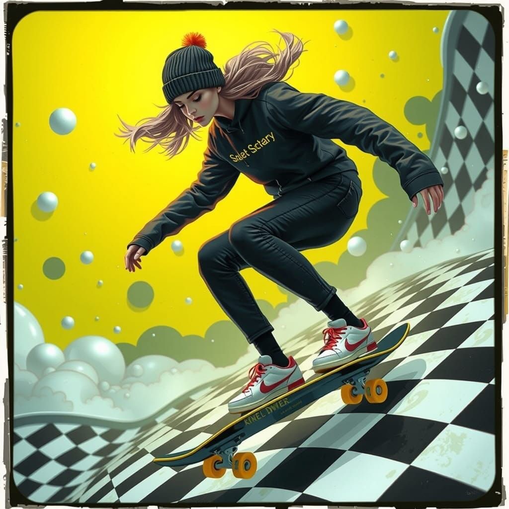 Female Skater in Mid-Air with Retro Checkered Background