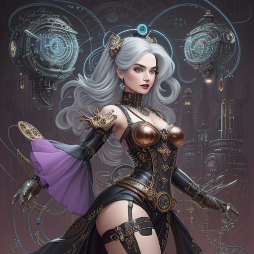 A curvy, lithe-bodied woman with elegant, stylized features in Chibi proportions, big, expressive eyes, and a rounded, s...