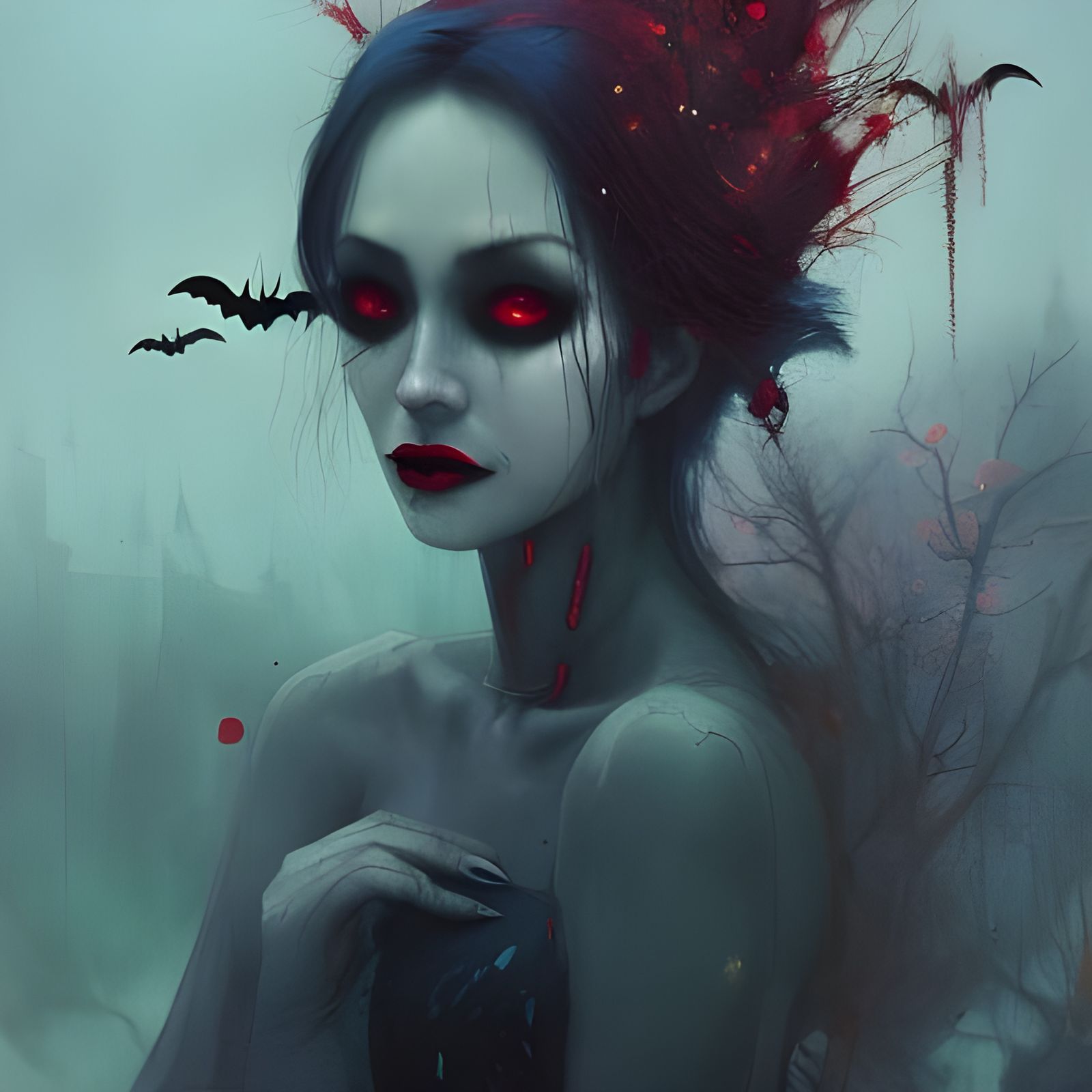 Vampire Woman with Red Eyes in Detailed Oil Painting