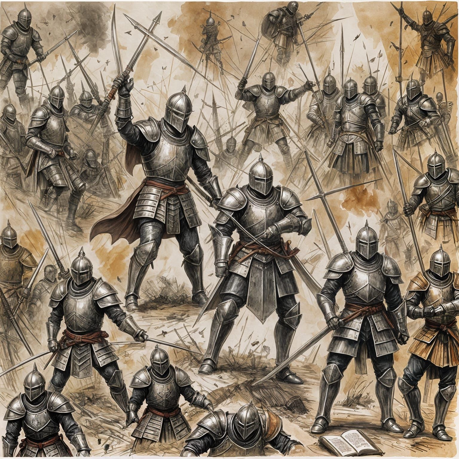 Medieval Knights in Battle, Tarnished Armor, Ready to Engage