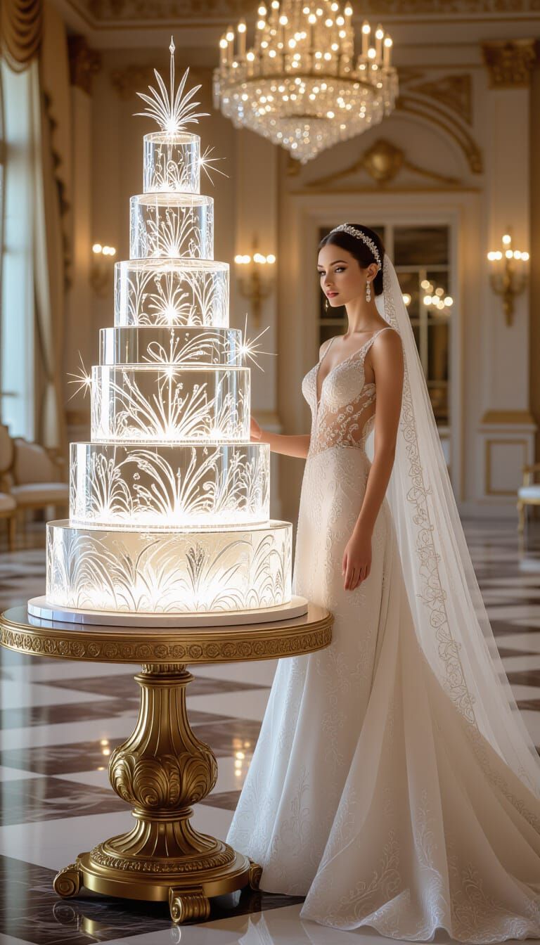 Bride and Glass Wedding Cake in Art Nouveau Style