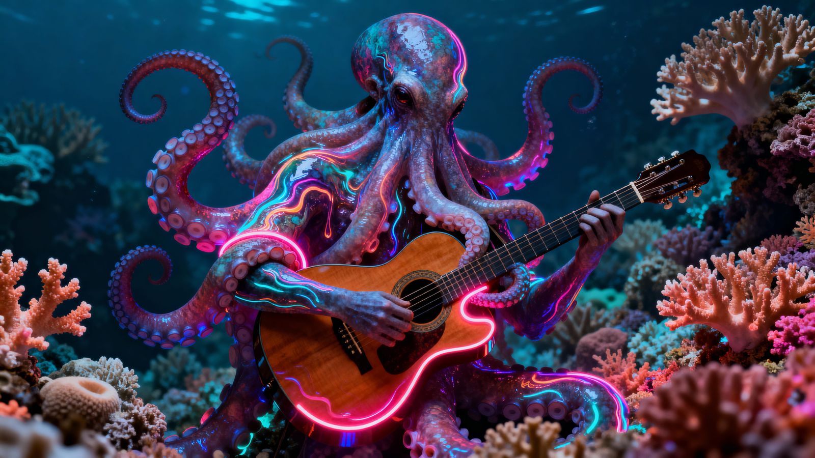 Octopus Musician in Neon Coral Reef, Surreal Concept Art