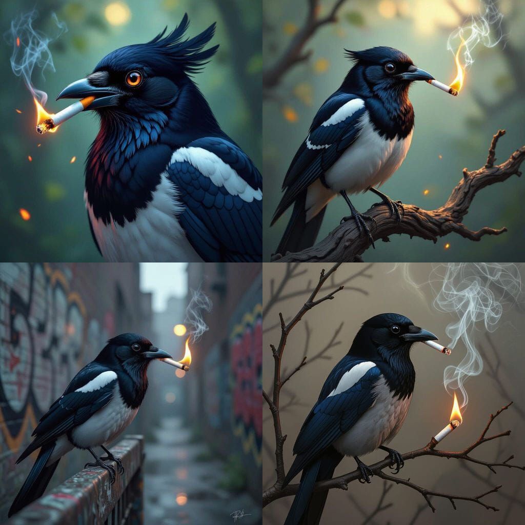 Magpie Grips Fiery Cigarette In Its Beak