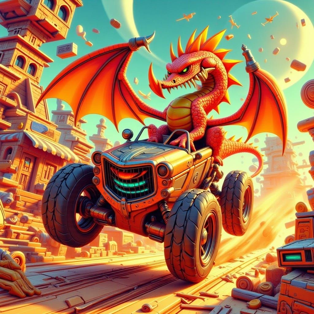 Chibi Dragon in Hyper-Maximalist, Photorealistic Broom Car,...