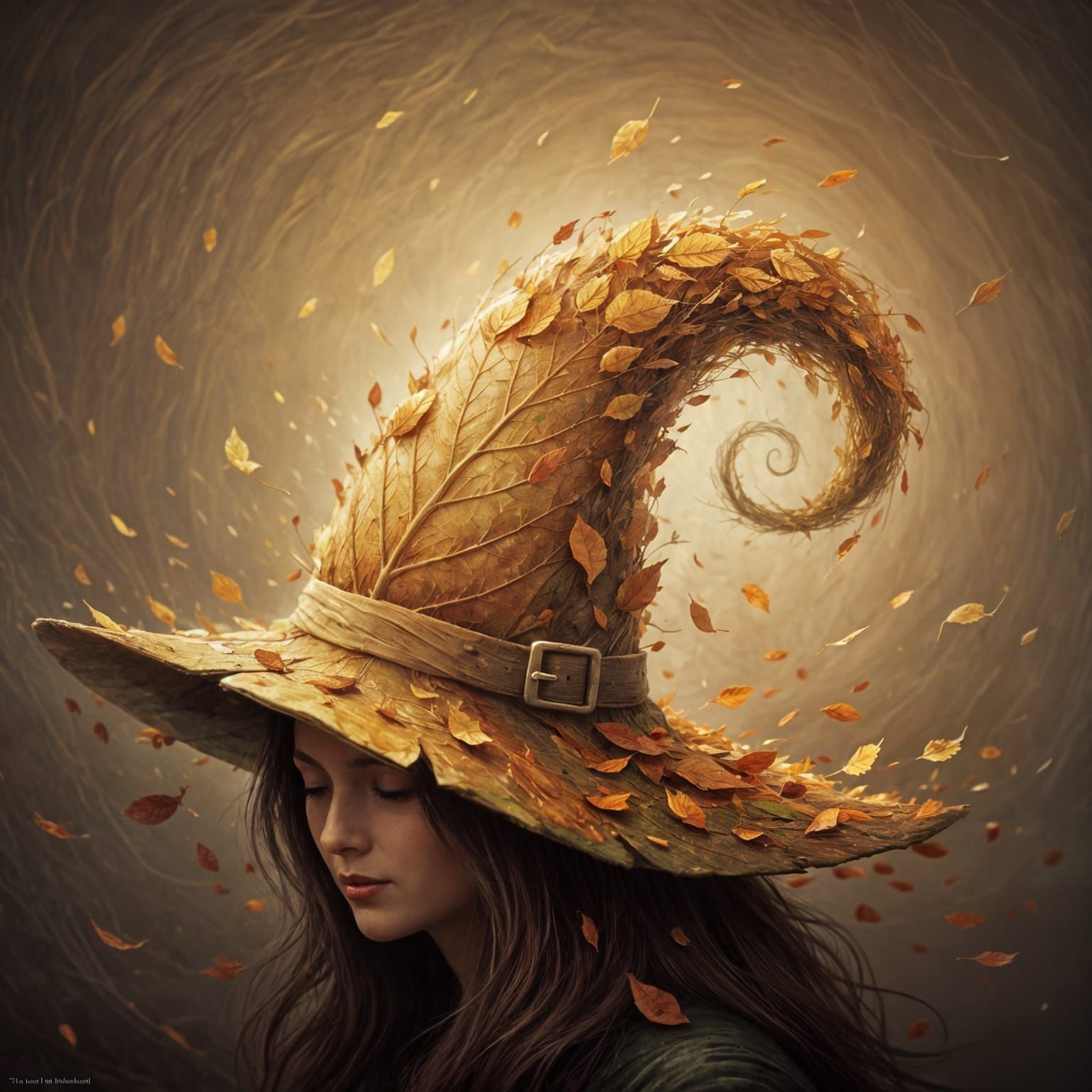 Ethereal Witch Hat of Autumn Leaves in Impasto Gouache