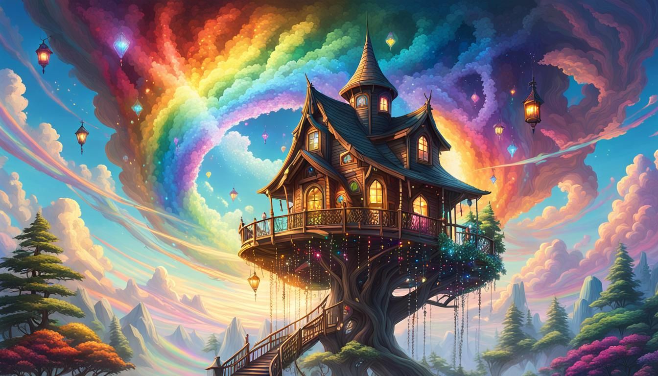 Luminous Crystal Treehouse in Iridescent Mist