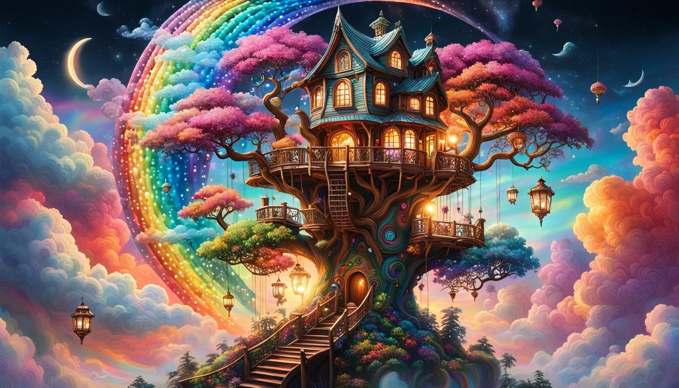 Crystal Treehouse in Rainbow Clouds: Hyperrealistic Splash A...