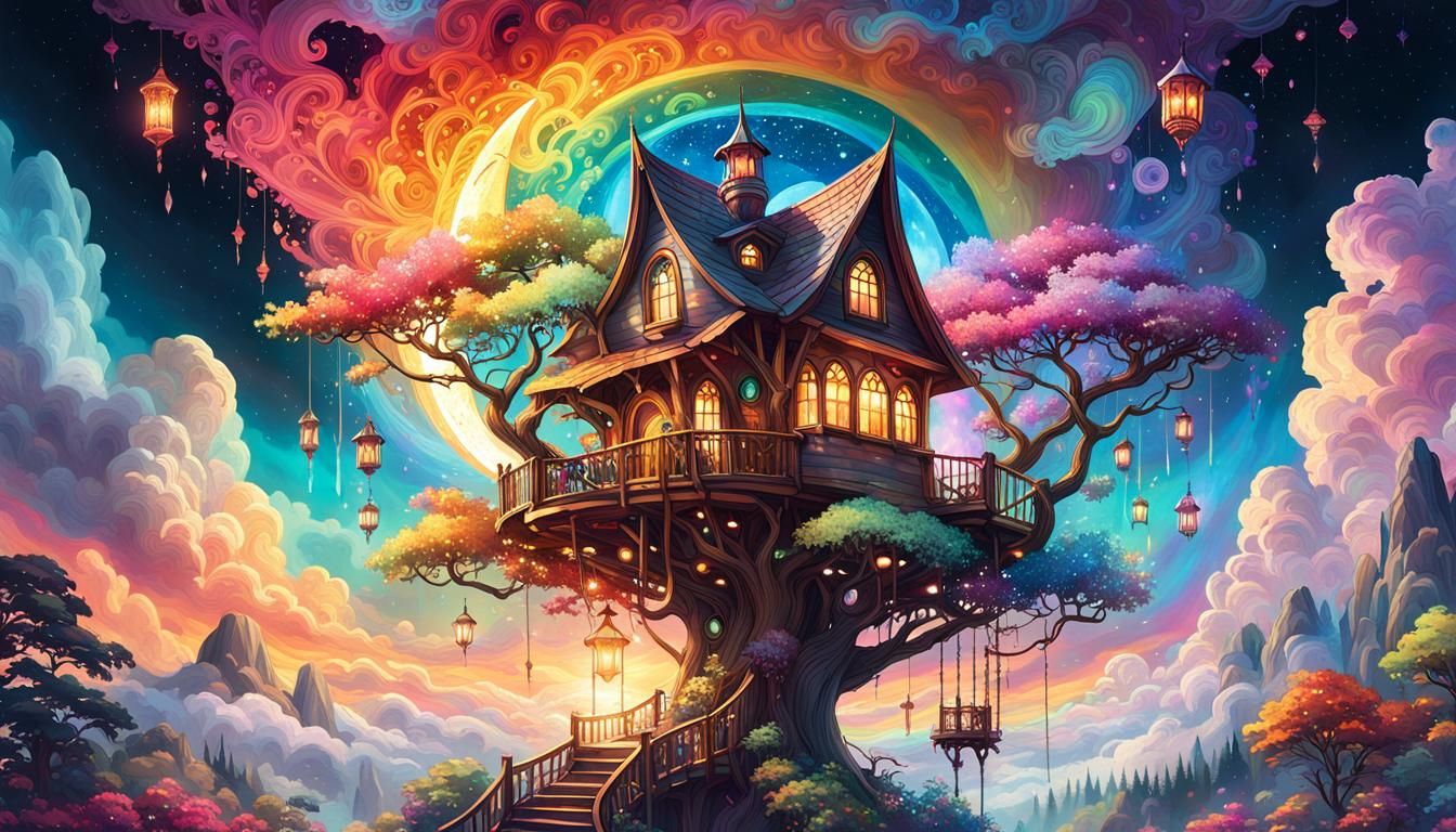 Crystal Treehouse in Rainbow Clouds, Alphonse Mucha Style