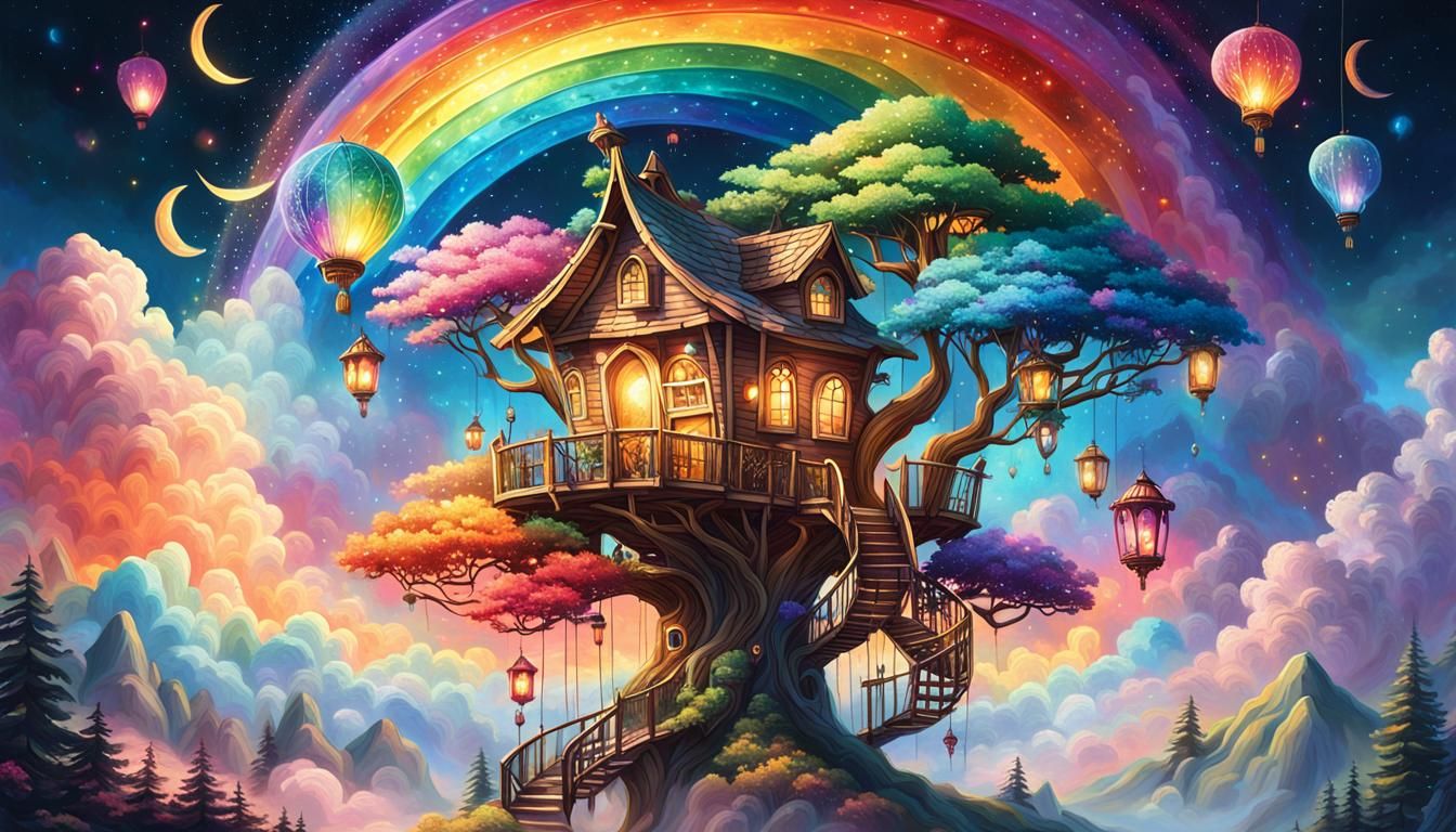 Crystal Treehouse in Rainbow Clouds, Art Nouveau Style