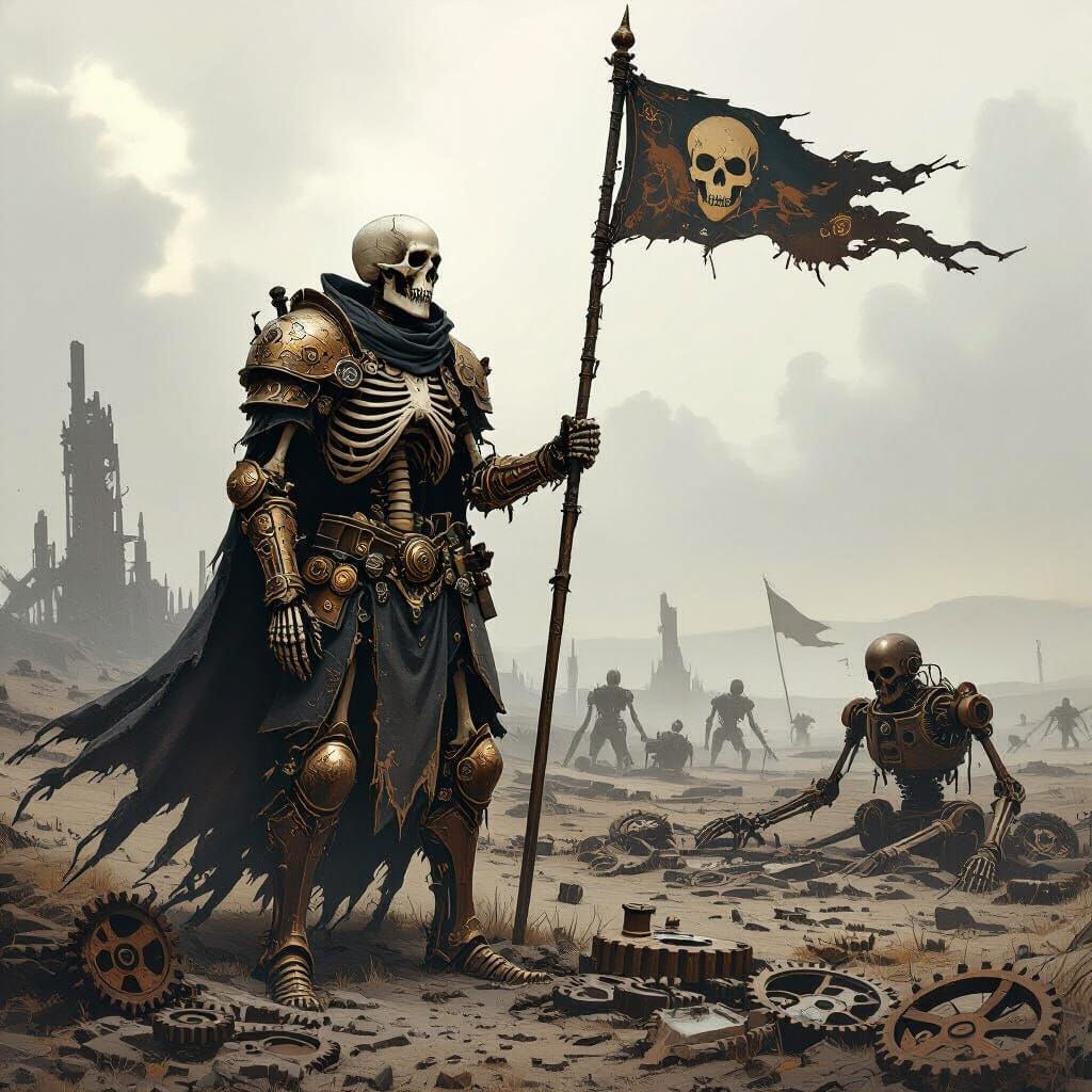 Steampunk Skeleton Warrior on Windswept Battlefield